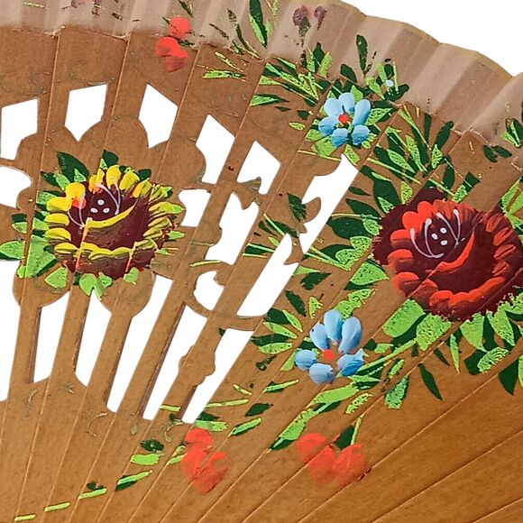 VTG Wood & Fabric Hand Painted Floral Spanish Hand Fan Cutout Design 16x9 Unique - Picture 3 of 15